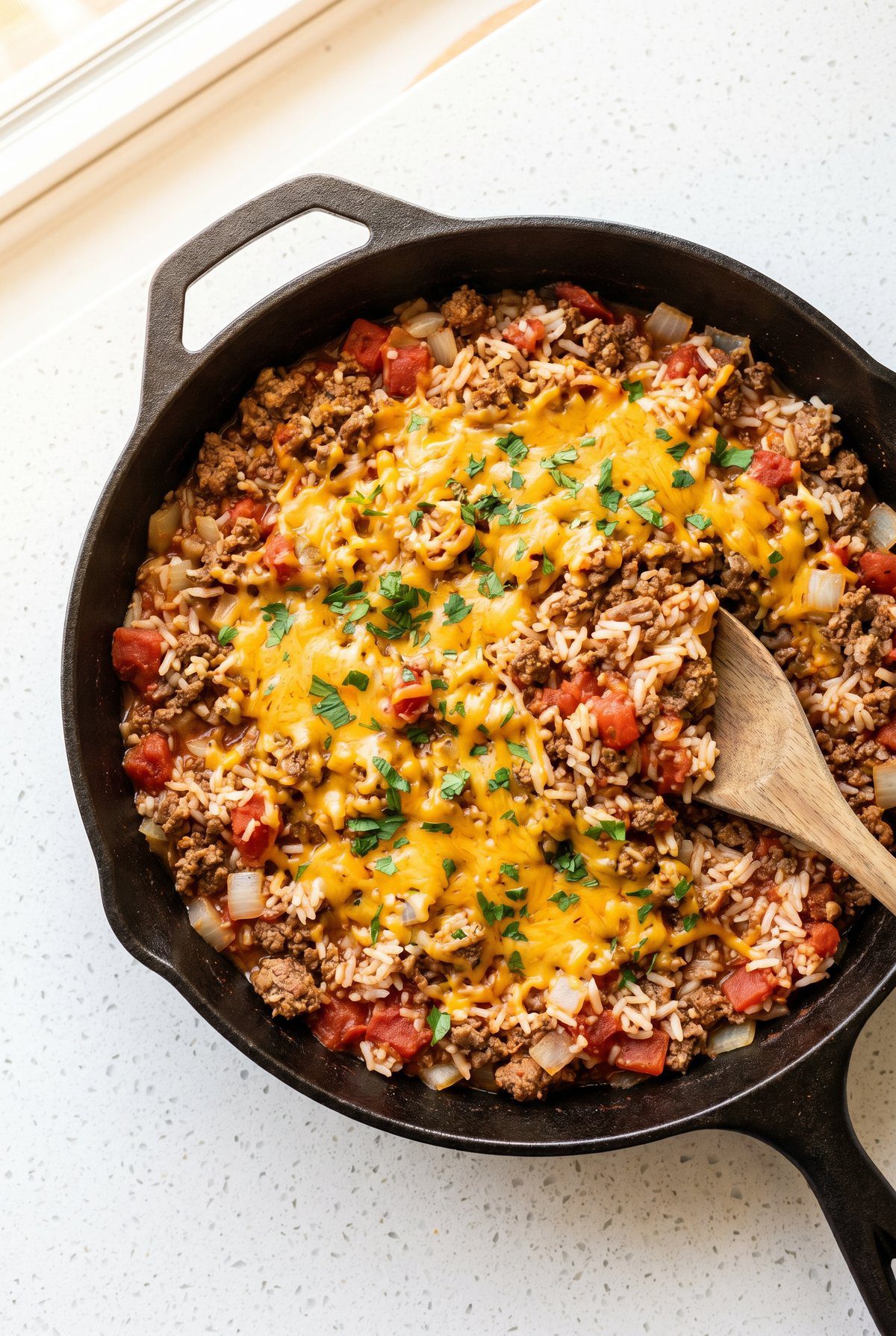 Overhead view of Ground Beef and Rice