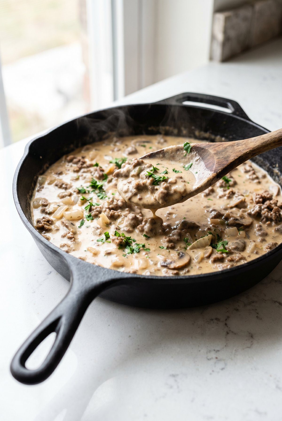 Ground Beef Stroganoff ready to serve