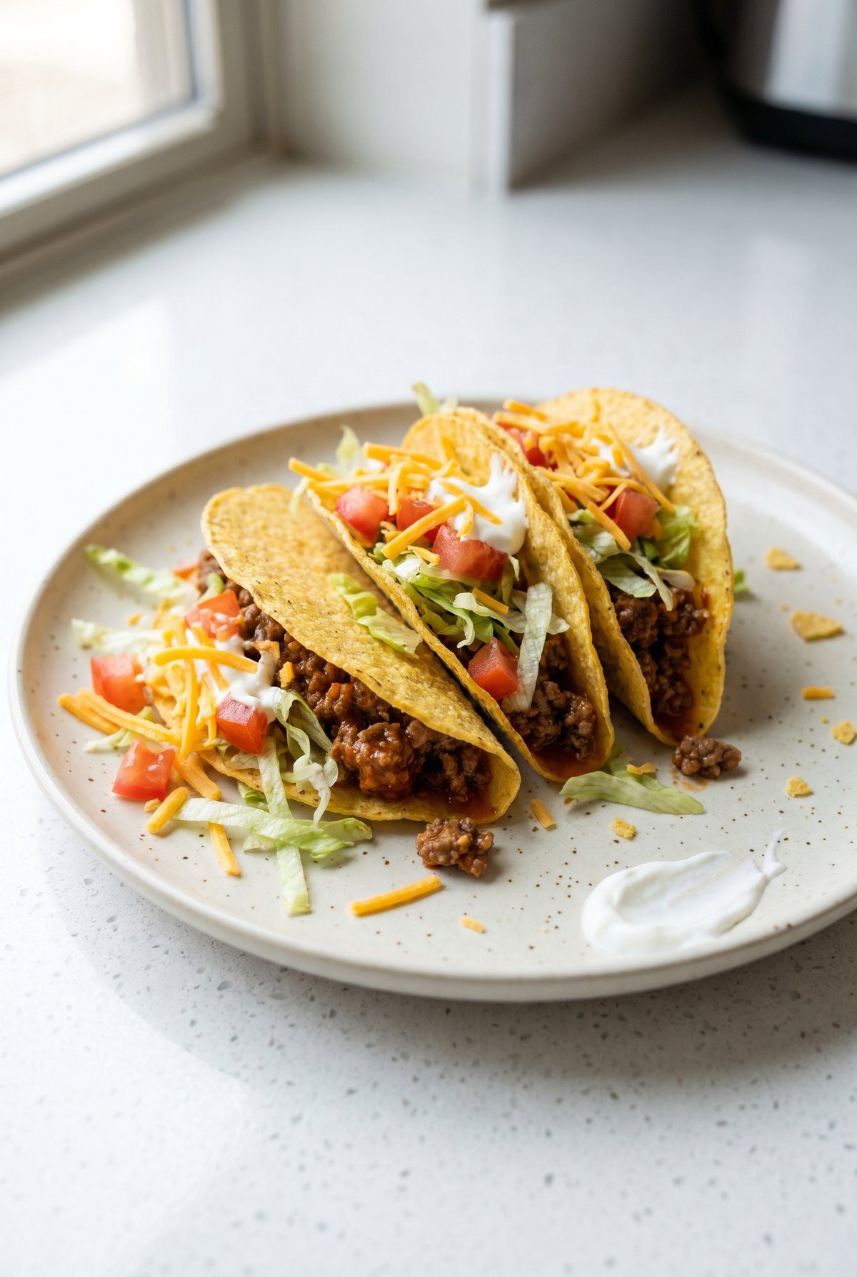 Three ground beef tacos in crisp corn shells topped with cheddar, lettuce, tomato, and sour cream
