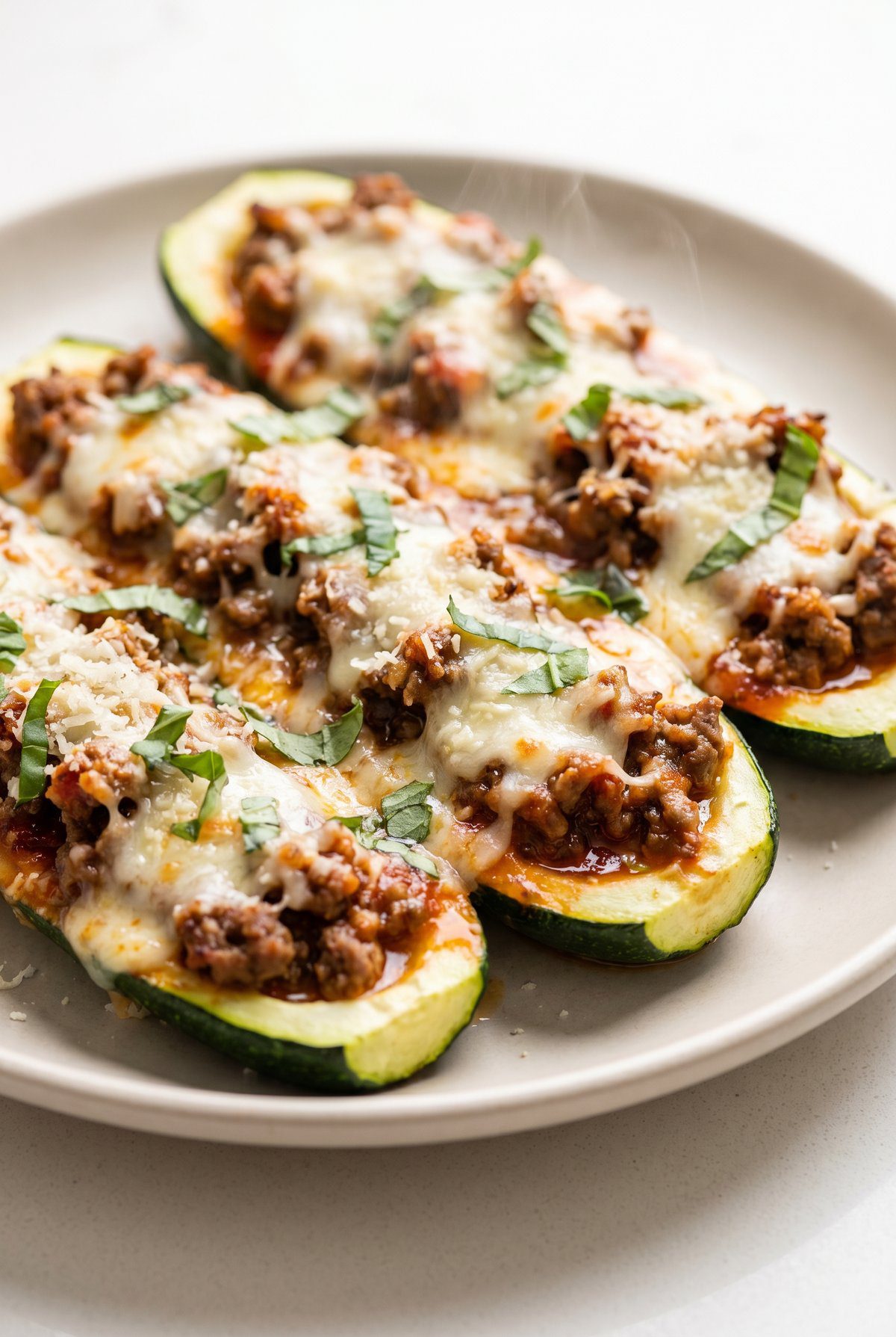 Close-up of Ground Beef Zucchini Boats