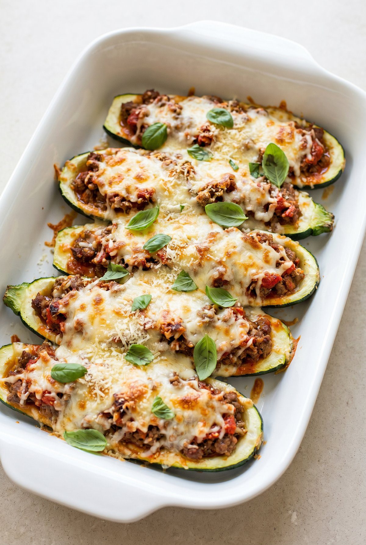 Ground Beef Zucchini Boats ready to serve