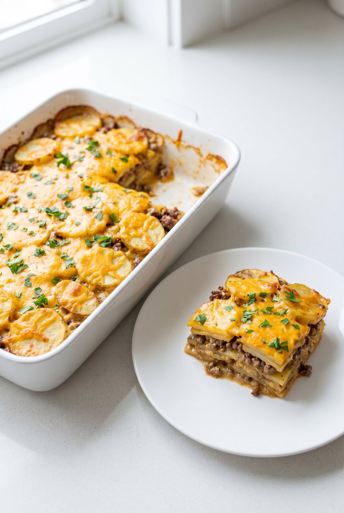 Hamburger Potato Casserole ready to serve