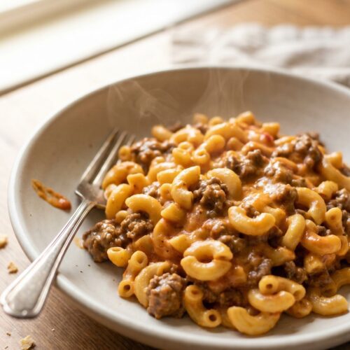 Homemade hamburger helper with elbow macaroni and ground beef in a creamy cheddar sauce