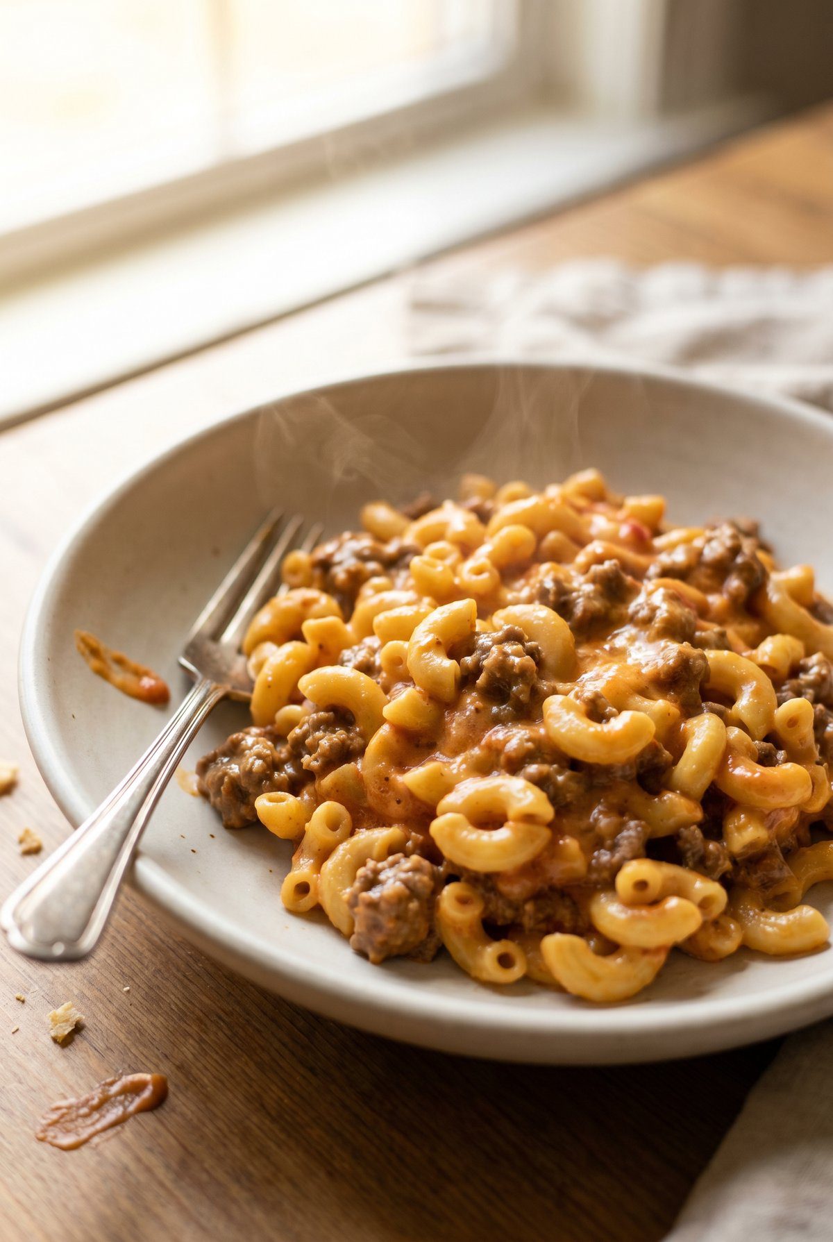 Homemade hamburger helper with elbow macaroni and ground beef in a creamy cheddar sauce