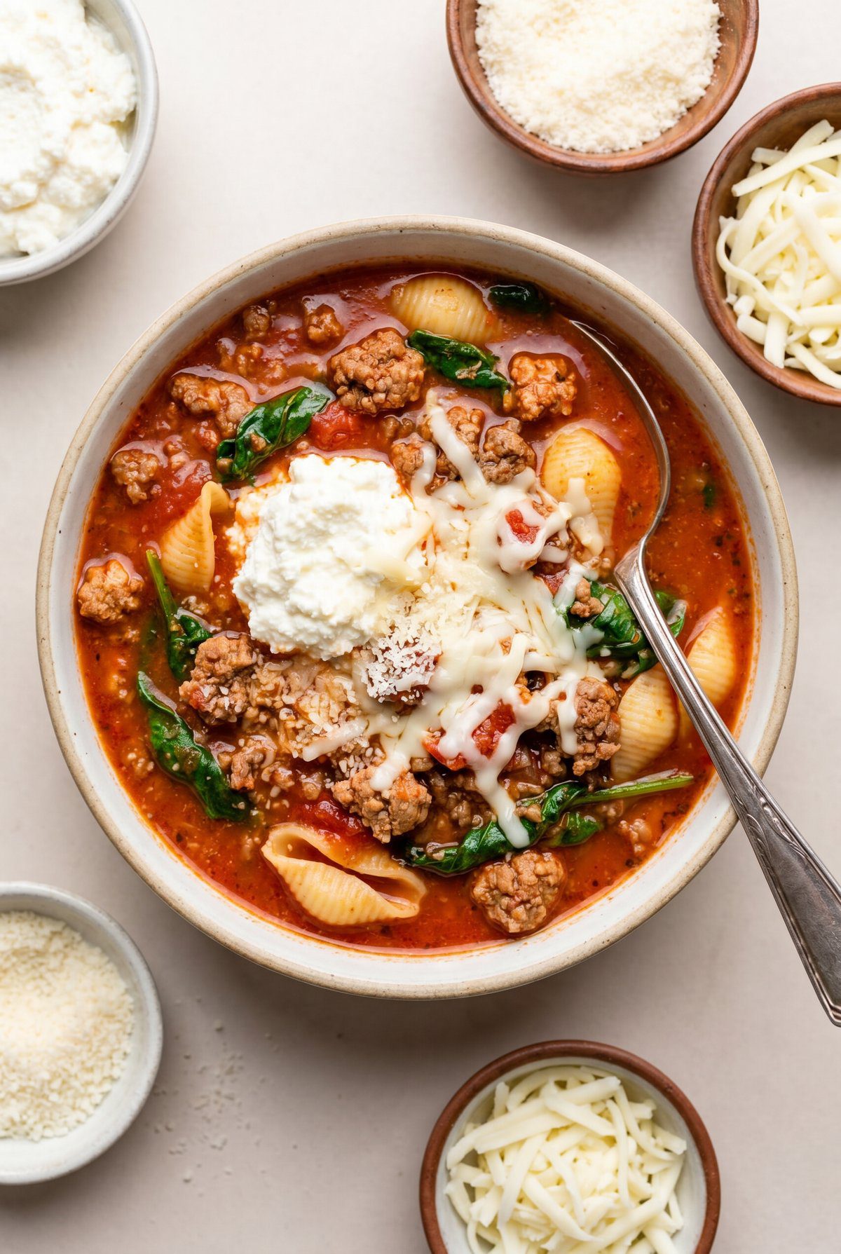 Lasagna soup with ground beef, pasta shells, and spinach in a tomato broth, topped with a ricotta dollop