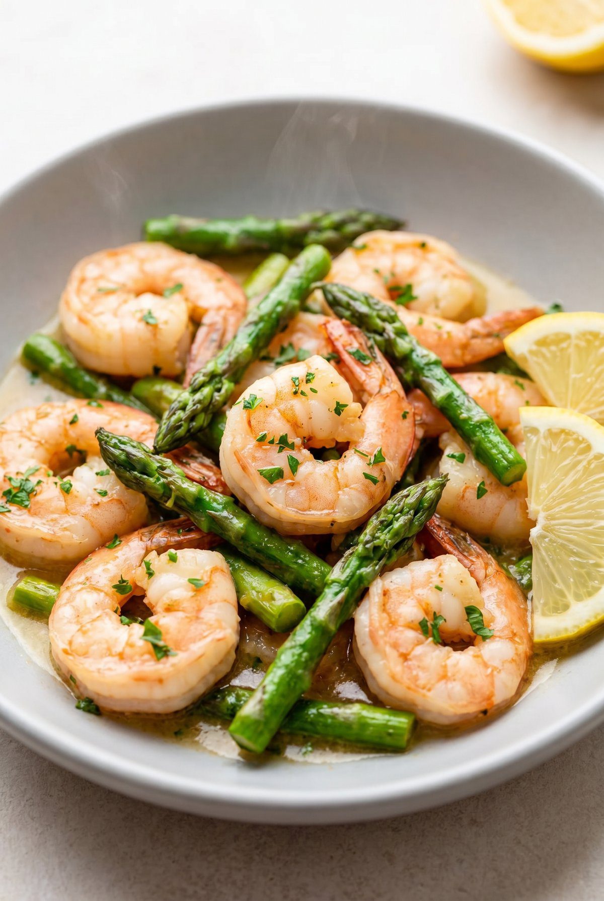 Close-up of Lemon Garlic Shrimp and Asparagus