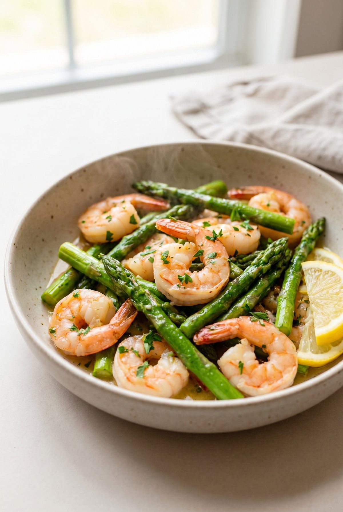 Lemon Garlic Shrimp and Asparagus served and ready to eat