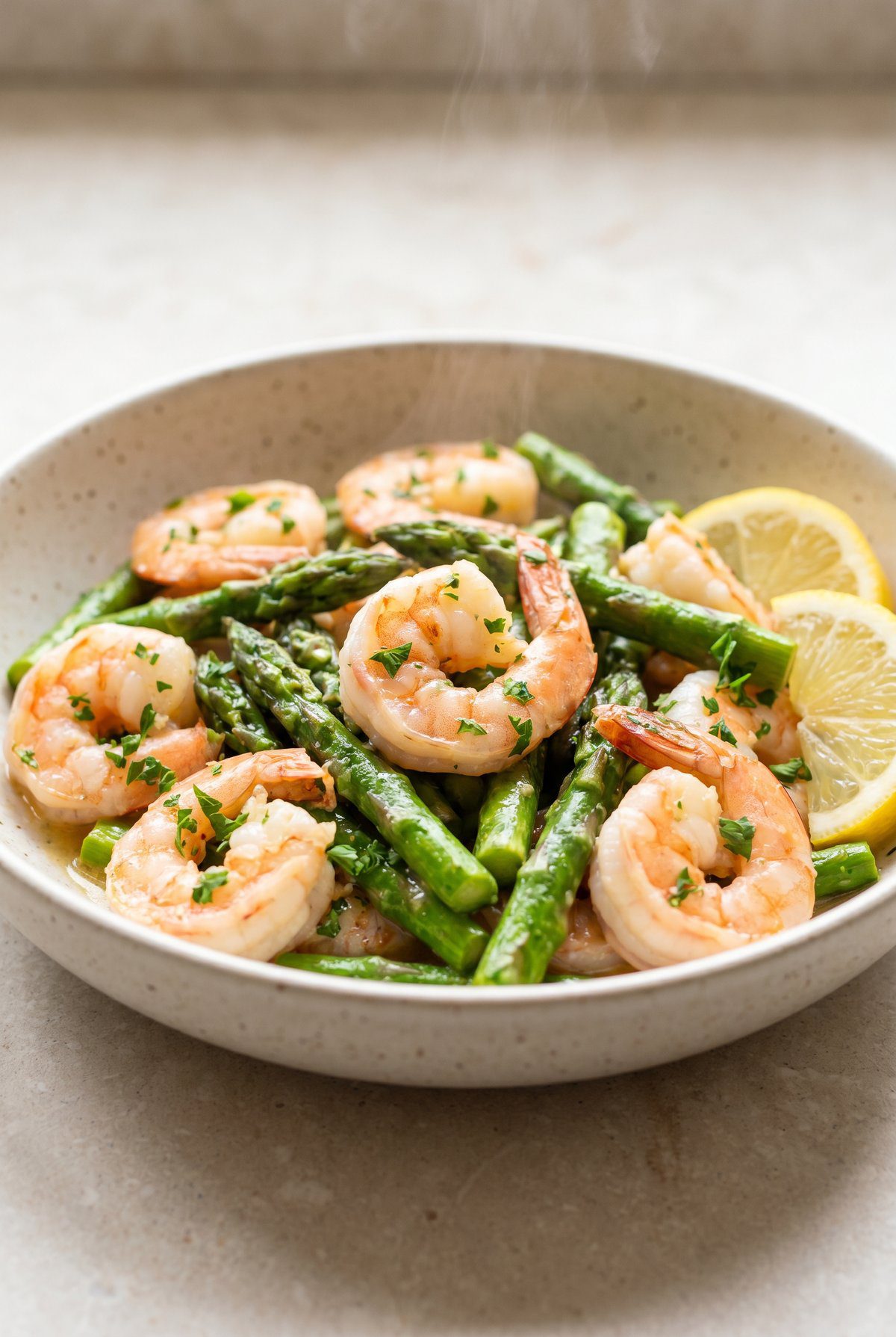 Lemon Garlic Shrimp and Asparagus ready to serve