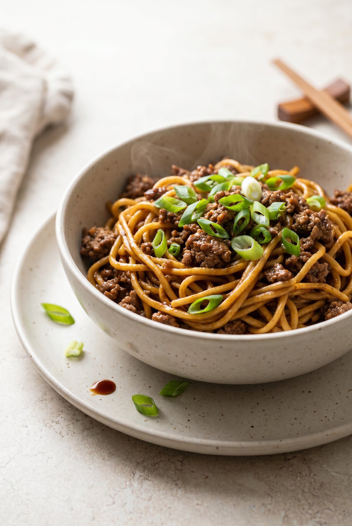 Mongolian Ground Beef Noodles served and ready to eat