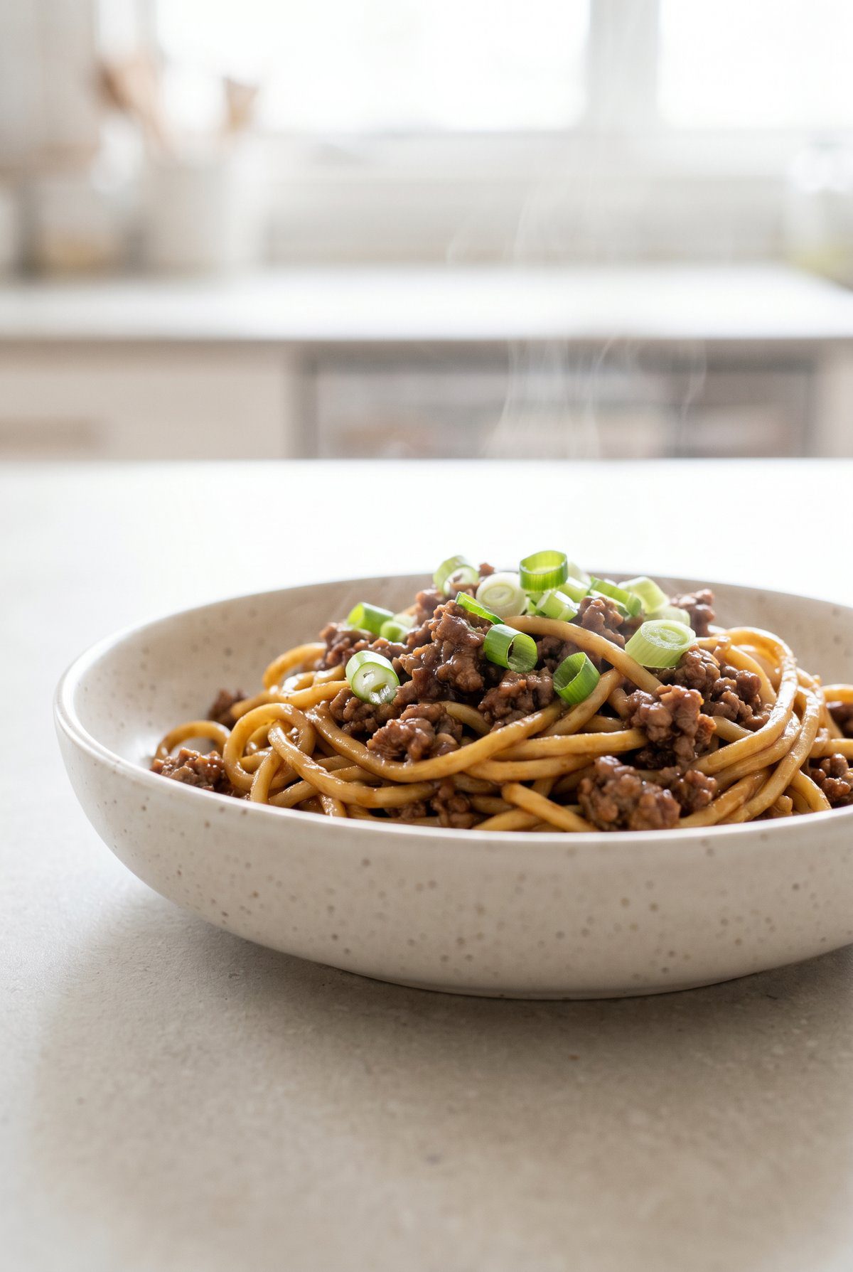 Mongolian Ground Beef Noodles ready to serve
