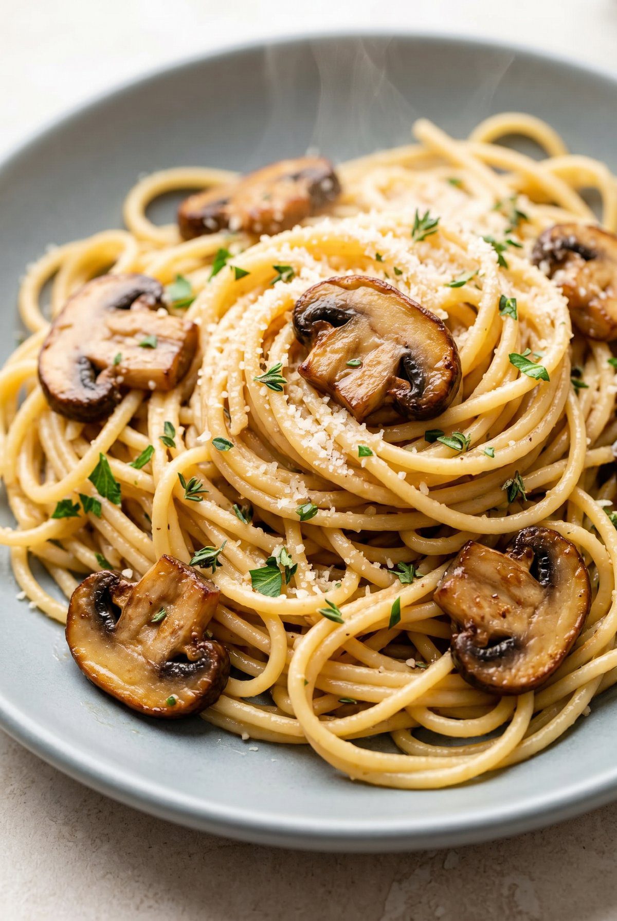 Close-up of Mushroom Garlic Spaghetti