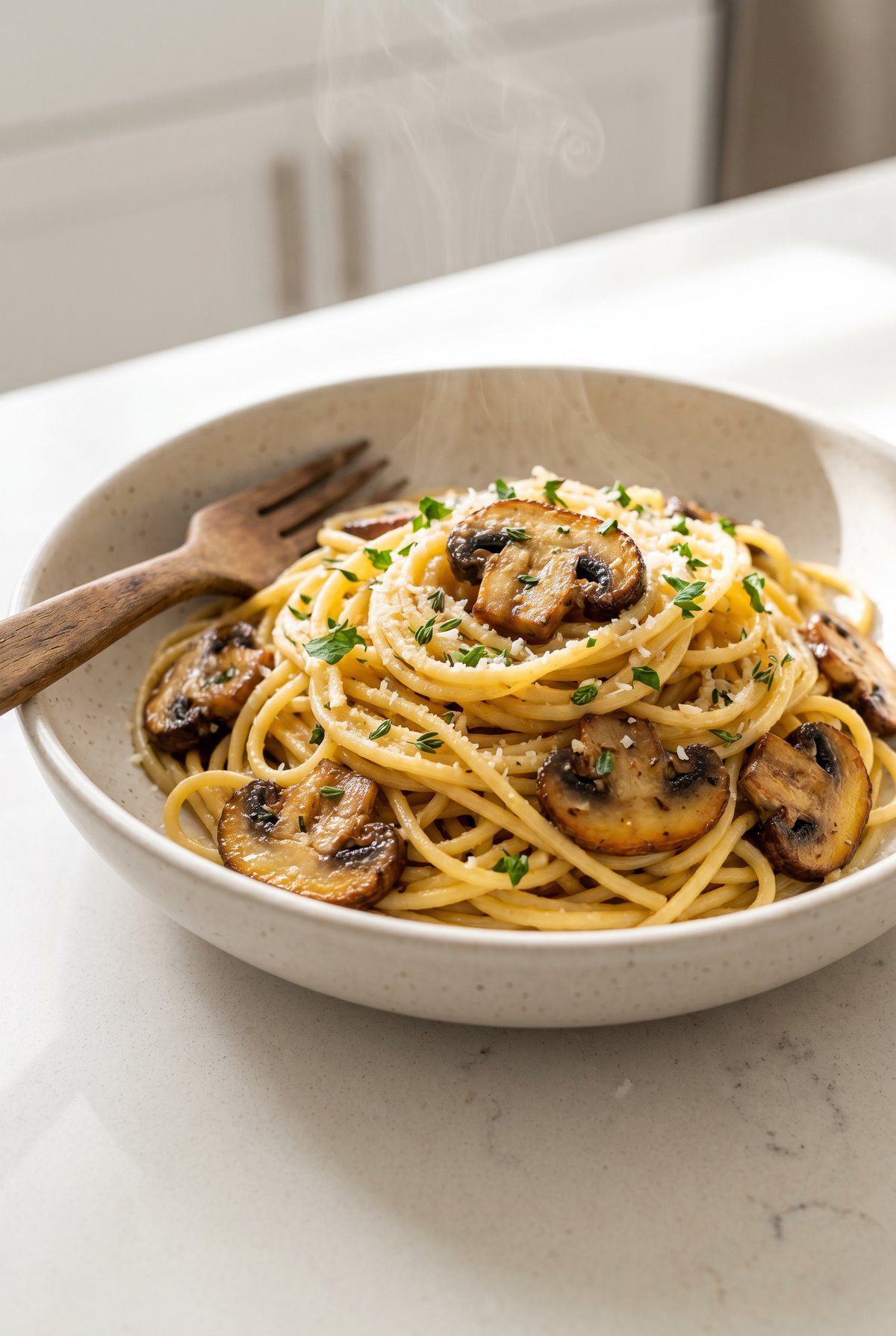 Mushroom Garlic Spaghetti served and ready to eat