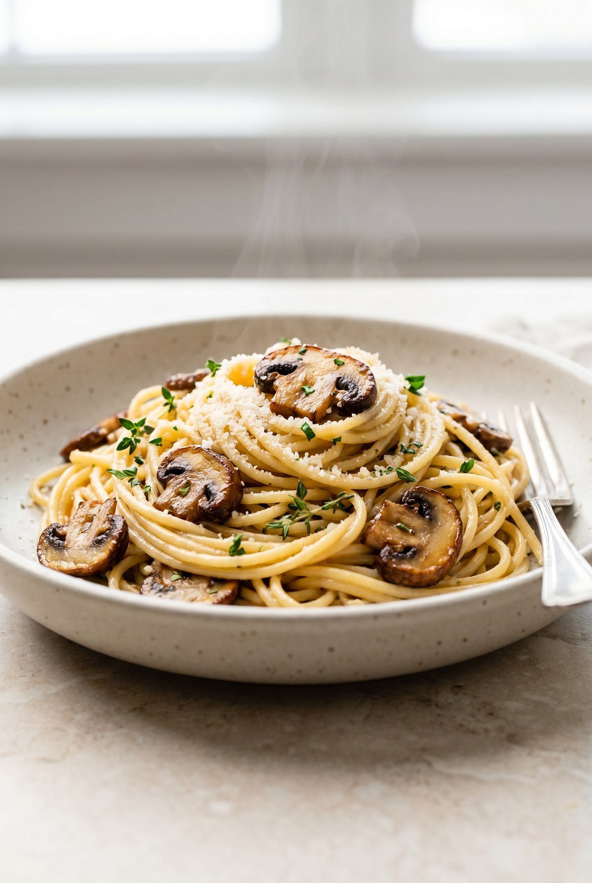Mushroom Garlic Spaghetti ready to serve