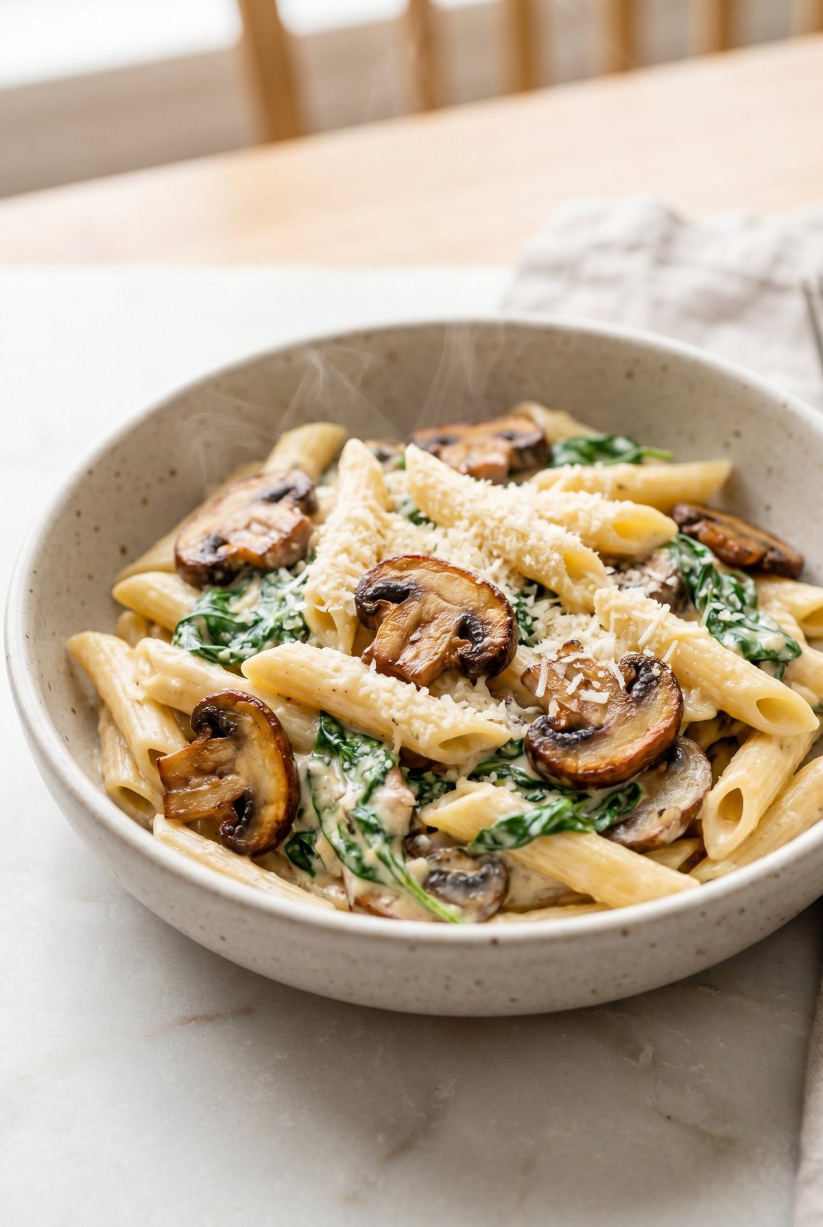 Close-up of Parmesan Spinach Mushroom Pasta