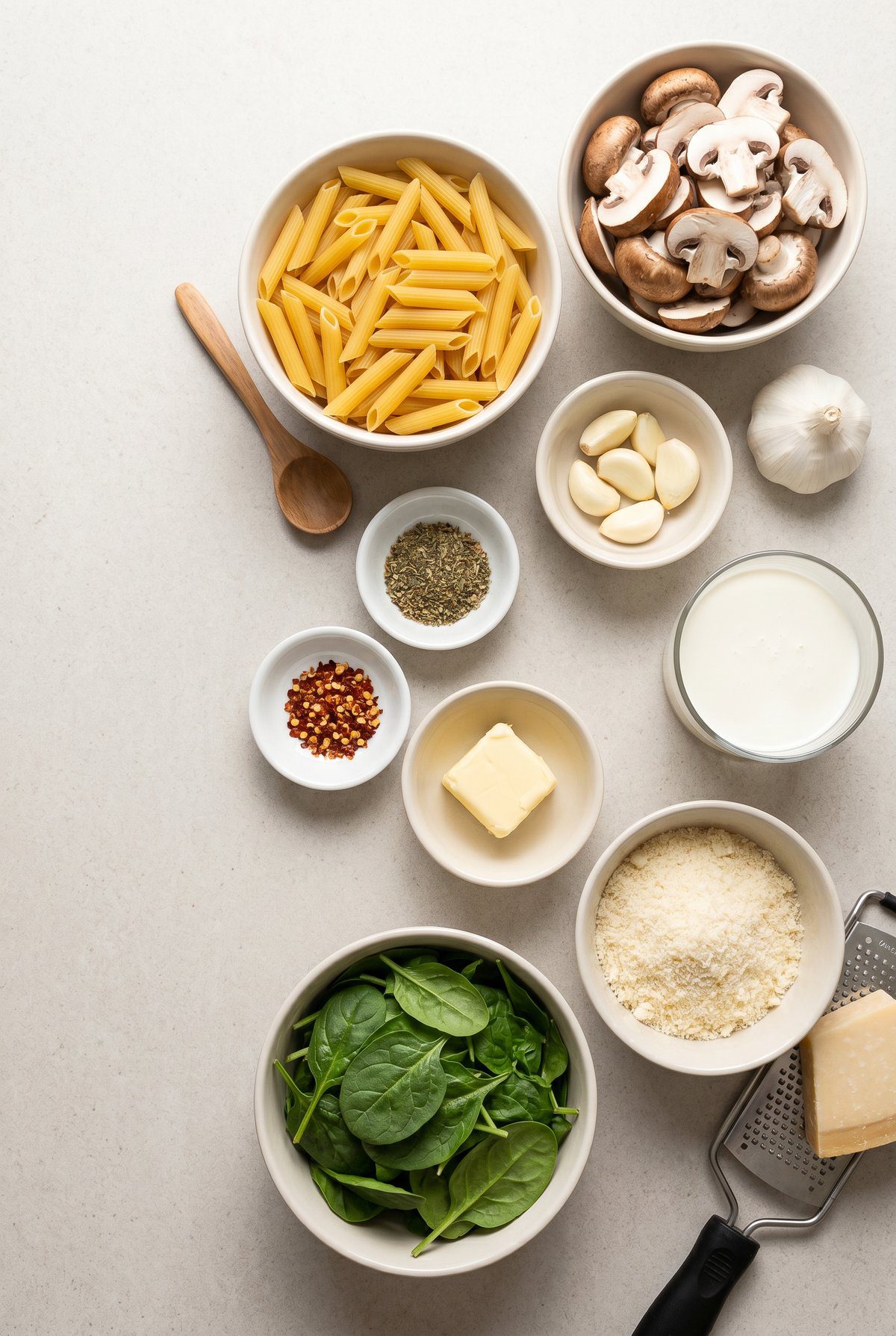 Ingredients for Parmesan Spinach Mushroom Pasta