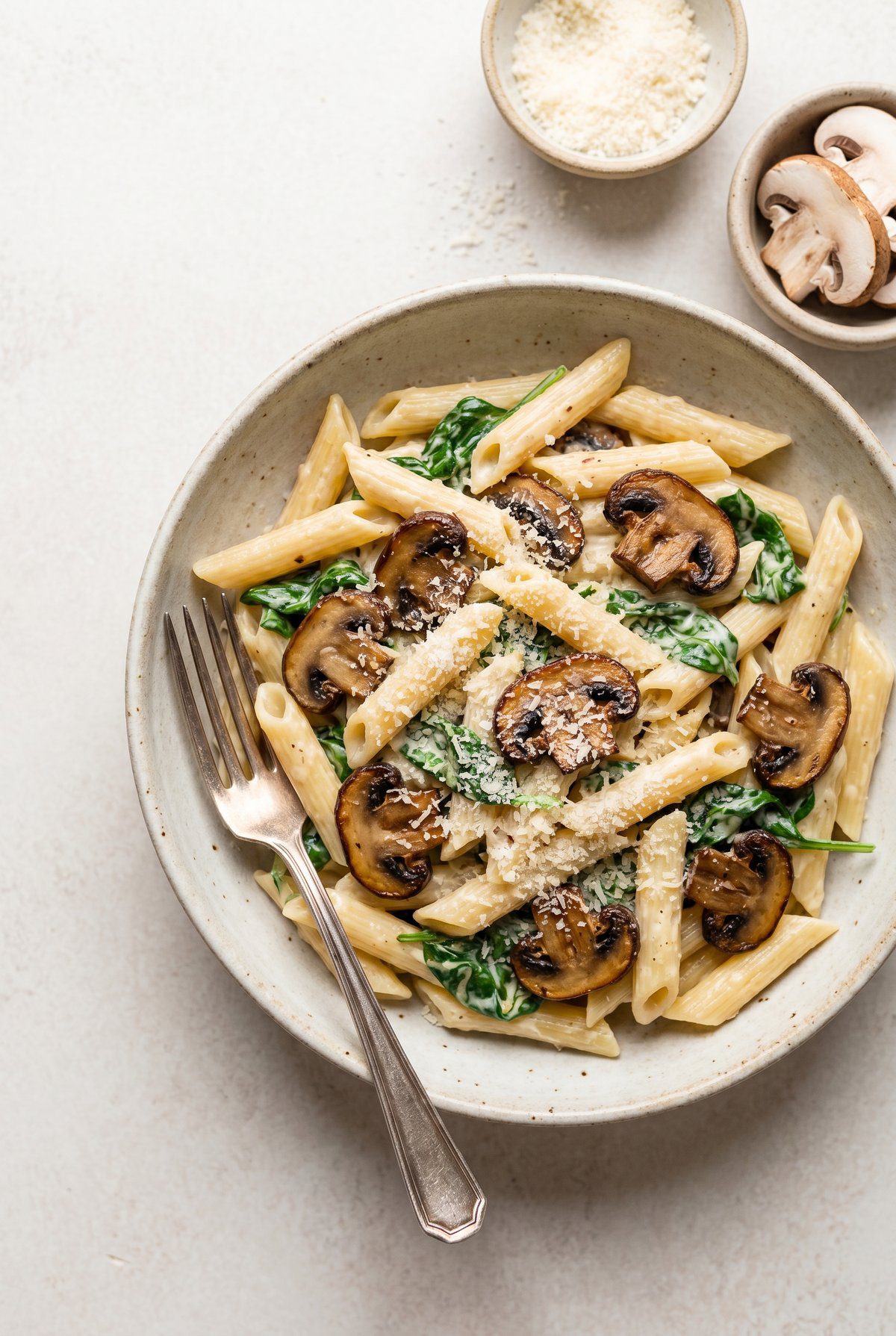 Parmesan Spinach Mushroom Pasta served and ready to eat
