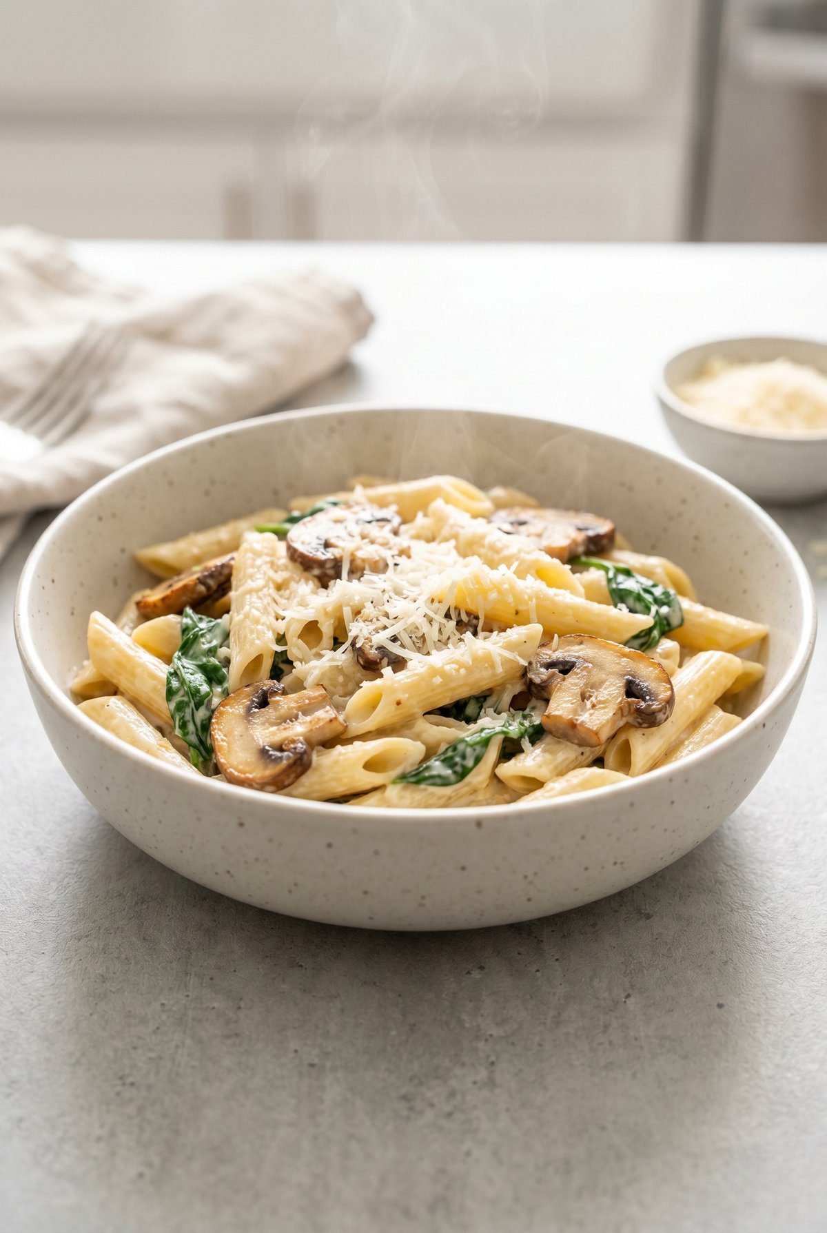Parmesan Spinach Mushroom Pasta ready to serve