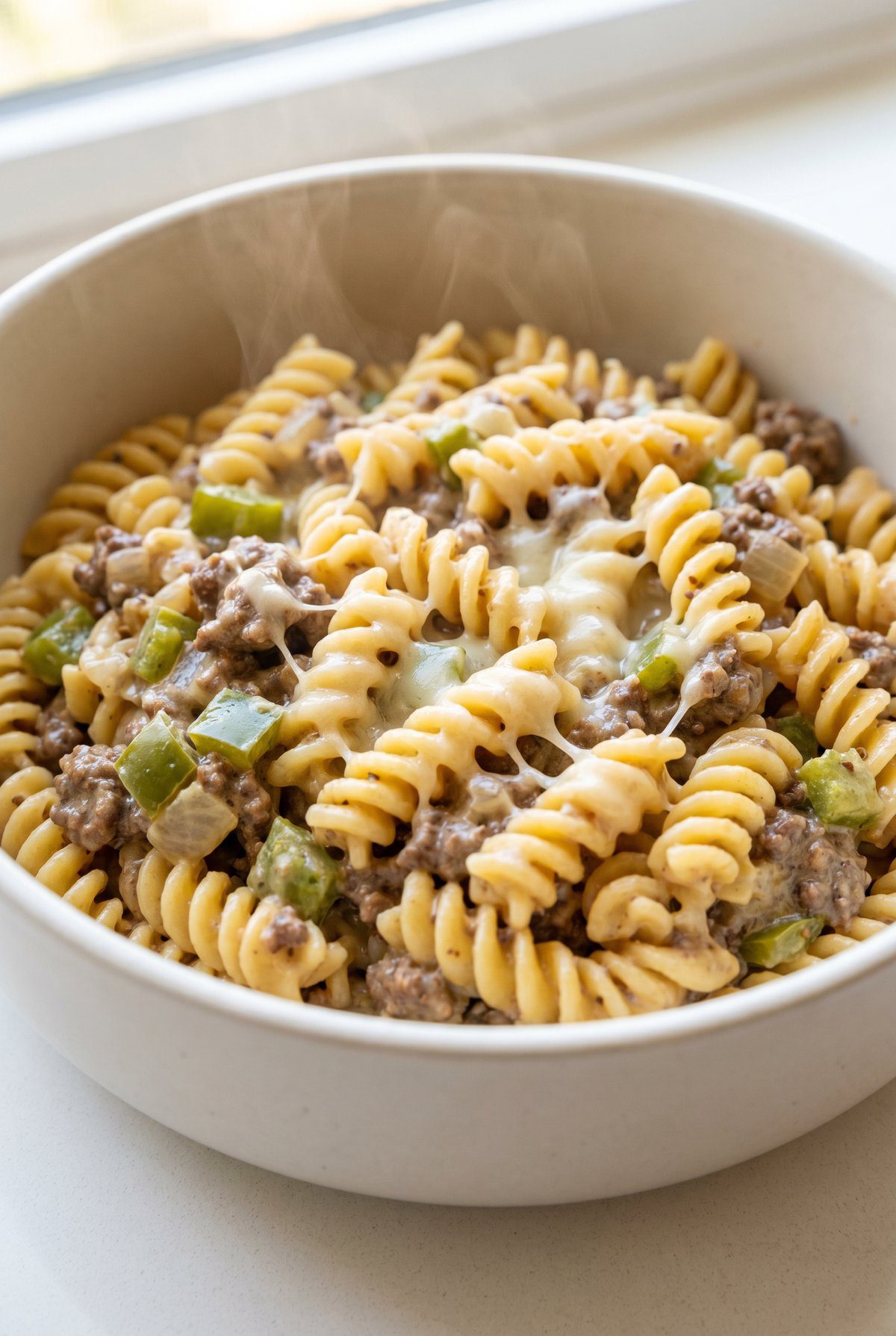 Close-up of Philly Cheesesteak Pasta