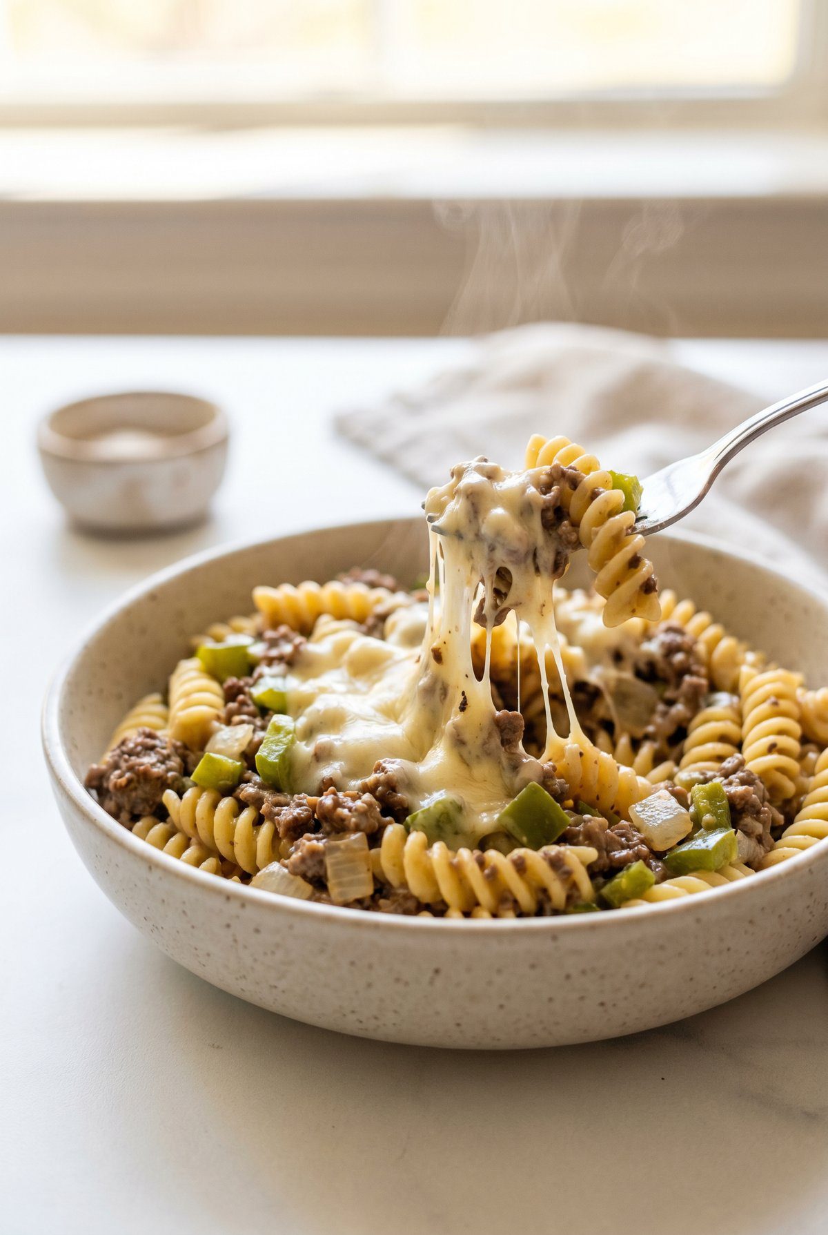Philly Cheesesteak Pasta served and ready to eat