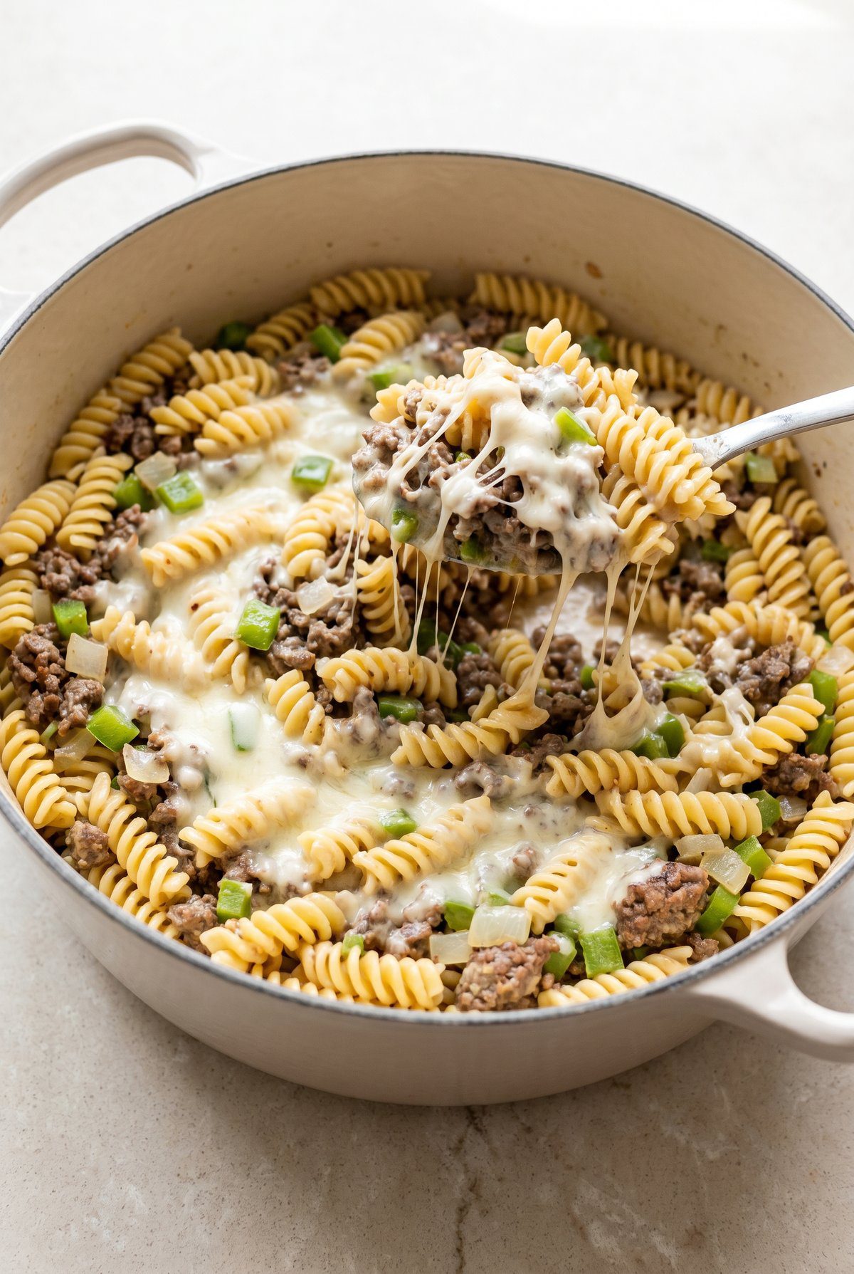 Philly Cheesesteak Pasta ready to serve