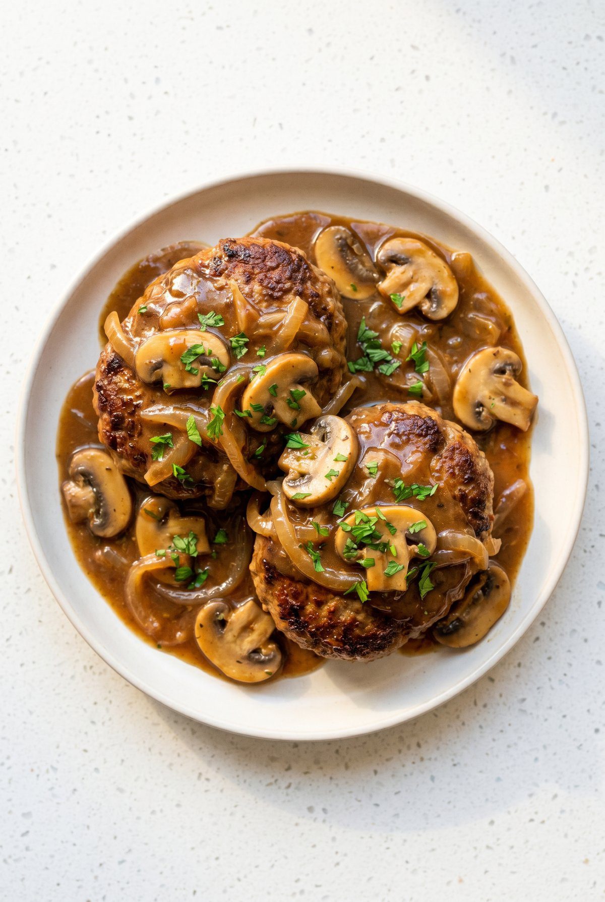 Overhead view of Salisbury Steak