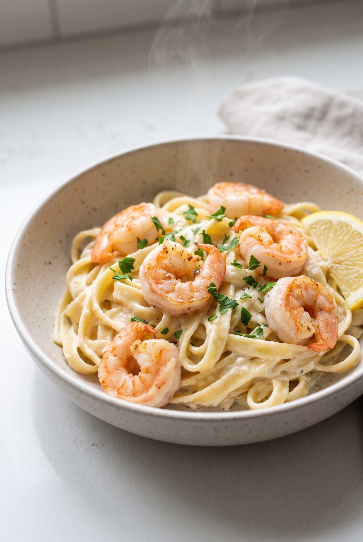 Shrimp Alfredo served and ready to eat