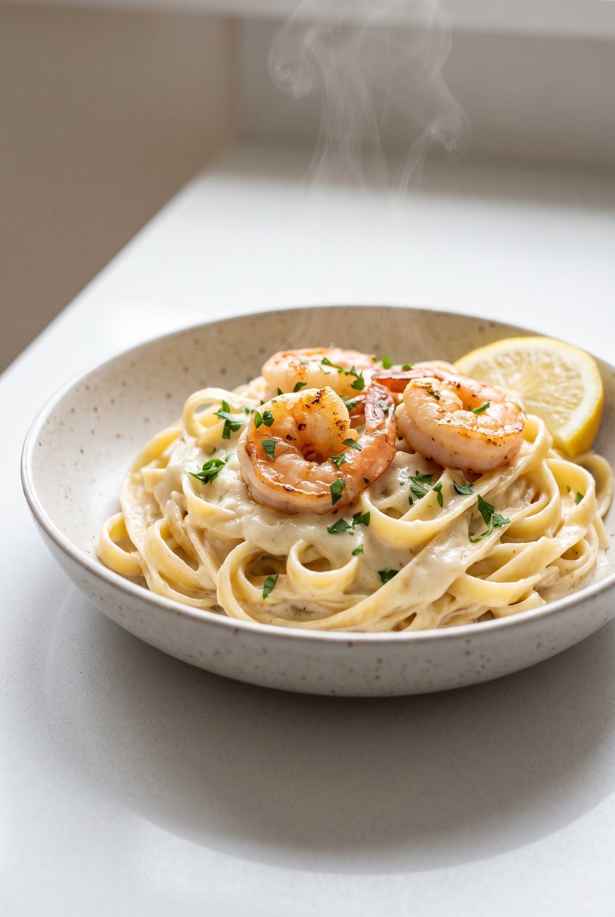 Shrimp Alfredo ready to serve