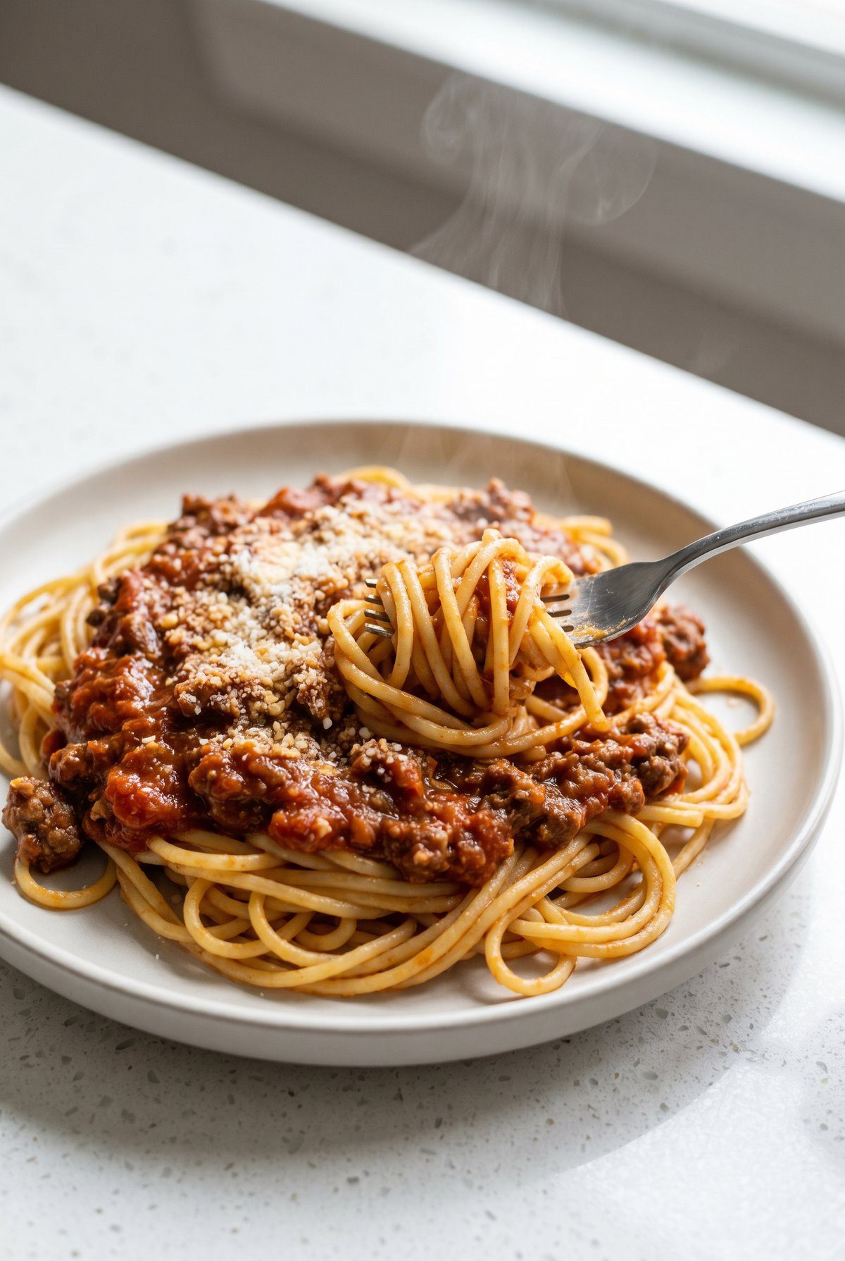 Spaghetti twirled with a rich ground beef meat sauce and grated parmesan