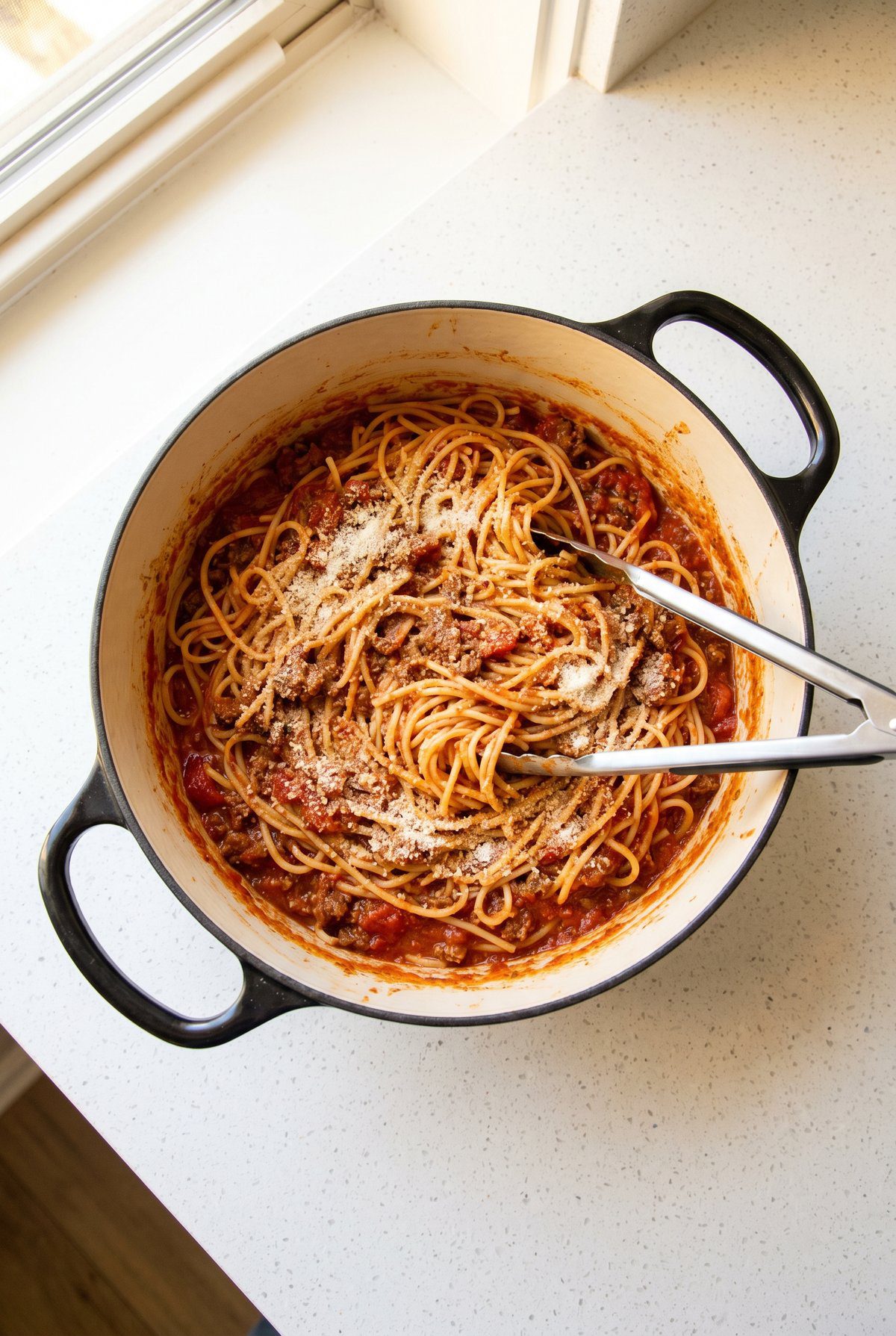 Overhead view of Spaghetti with Meat Sauce