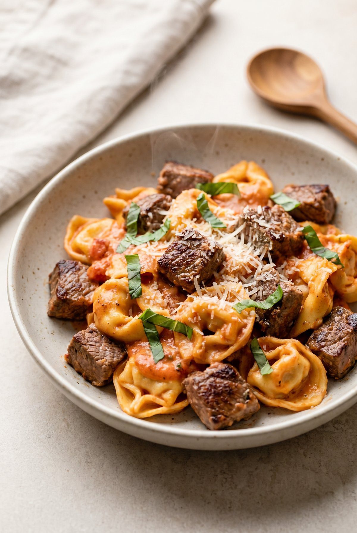 Steak Tortellini served and ready to eat