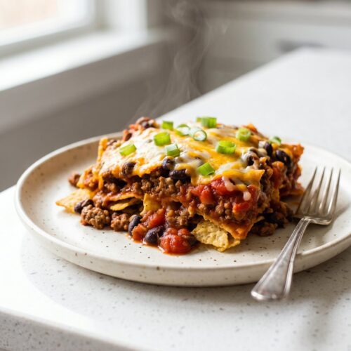 A serving of layered taco casserole with ground beef, black beans, tortilla chips, and melted cheese
