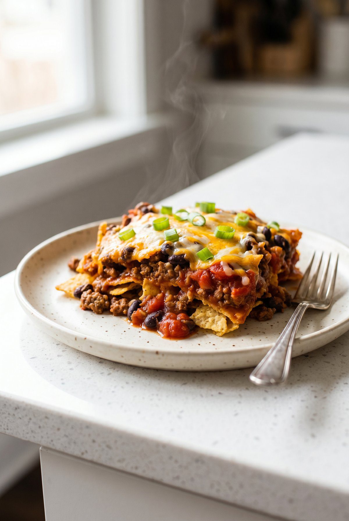 A serving of layered taco casserole with ground beef, black beans, tortilla chips, and melted cheese