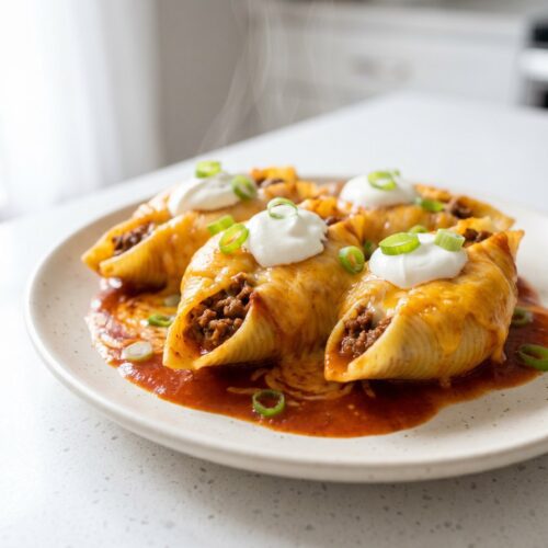 Taco stuffed shells in red sauce topped with melted cheese, sour cream, and sliced green onion