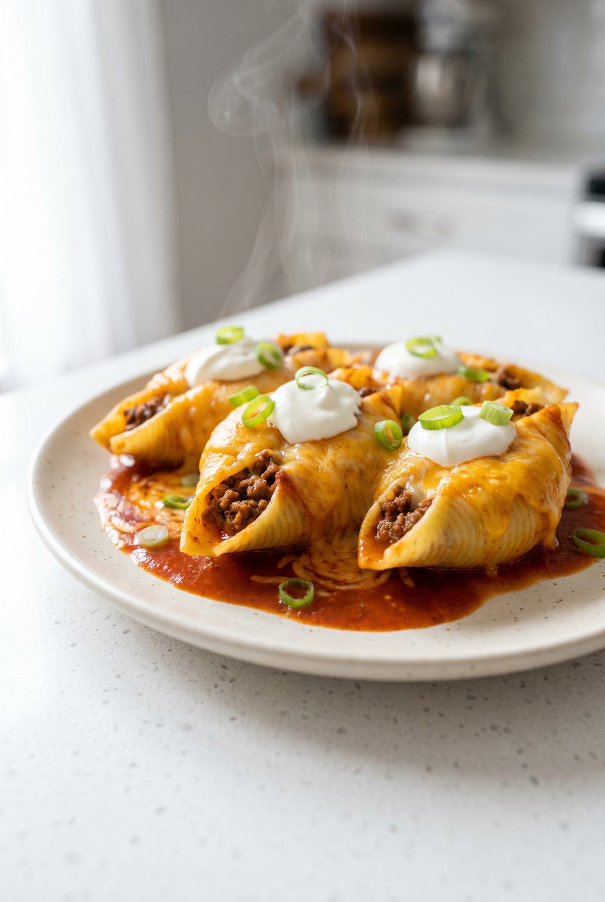 Taco stuffed shells in red sauce topped with melted cheese, sour cream, and sliced green onion