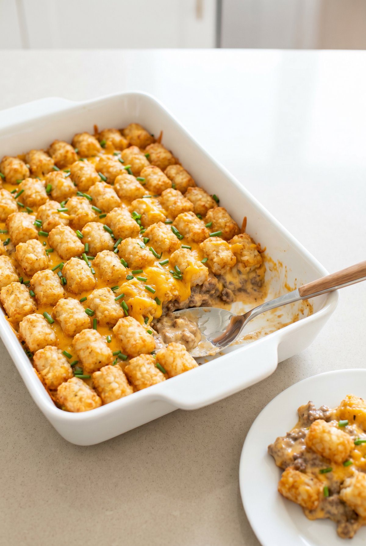 Tater Tot Casserole ready to serve