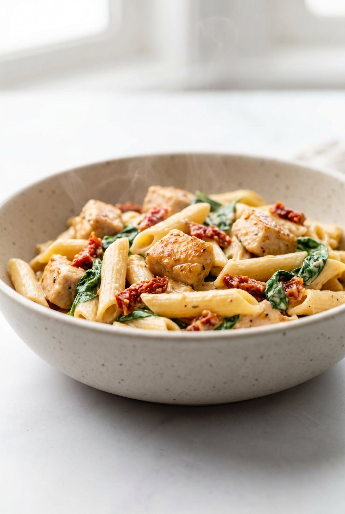 Tuscan Chicken Pasta ready to serve