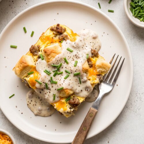 Biscuits and Gravy Casserole with Eggs and Sausage