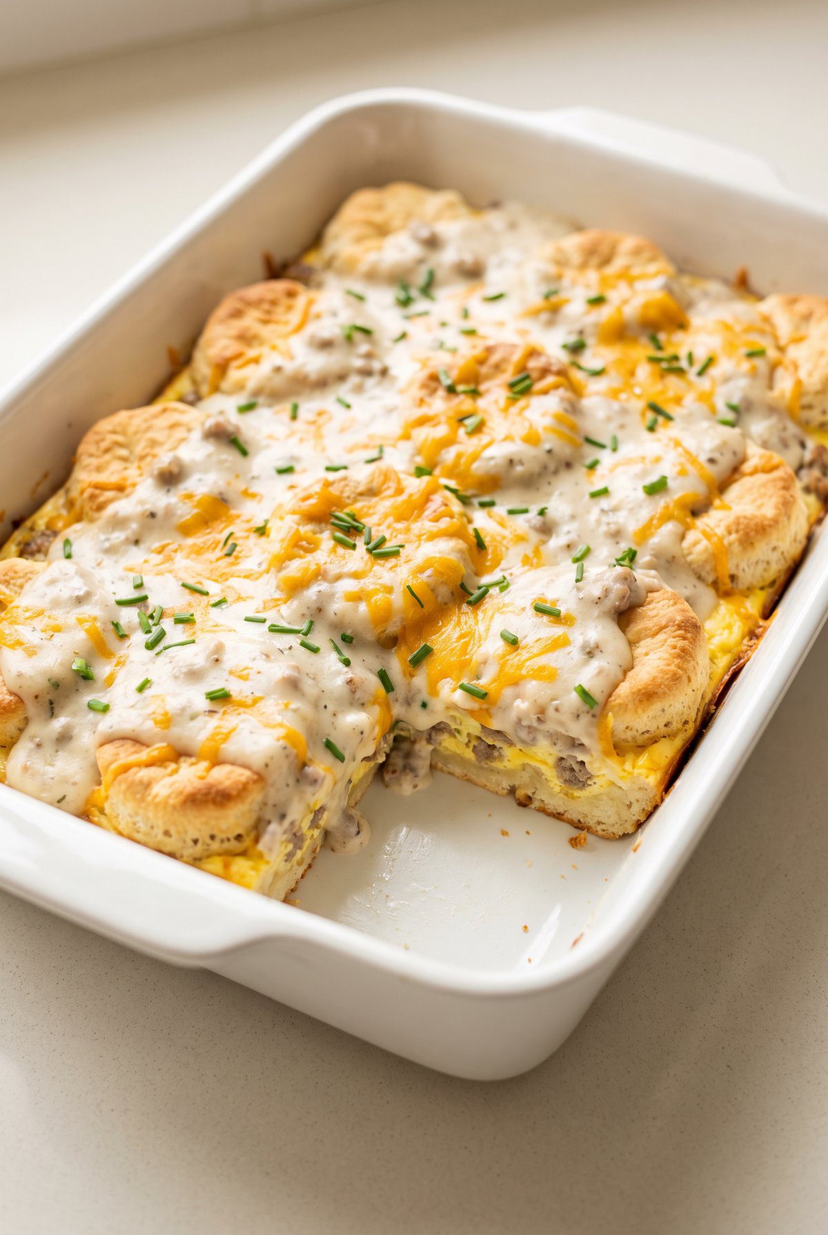 Biscuits and Gravy Casserole ready to serve