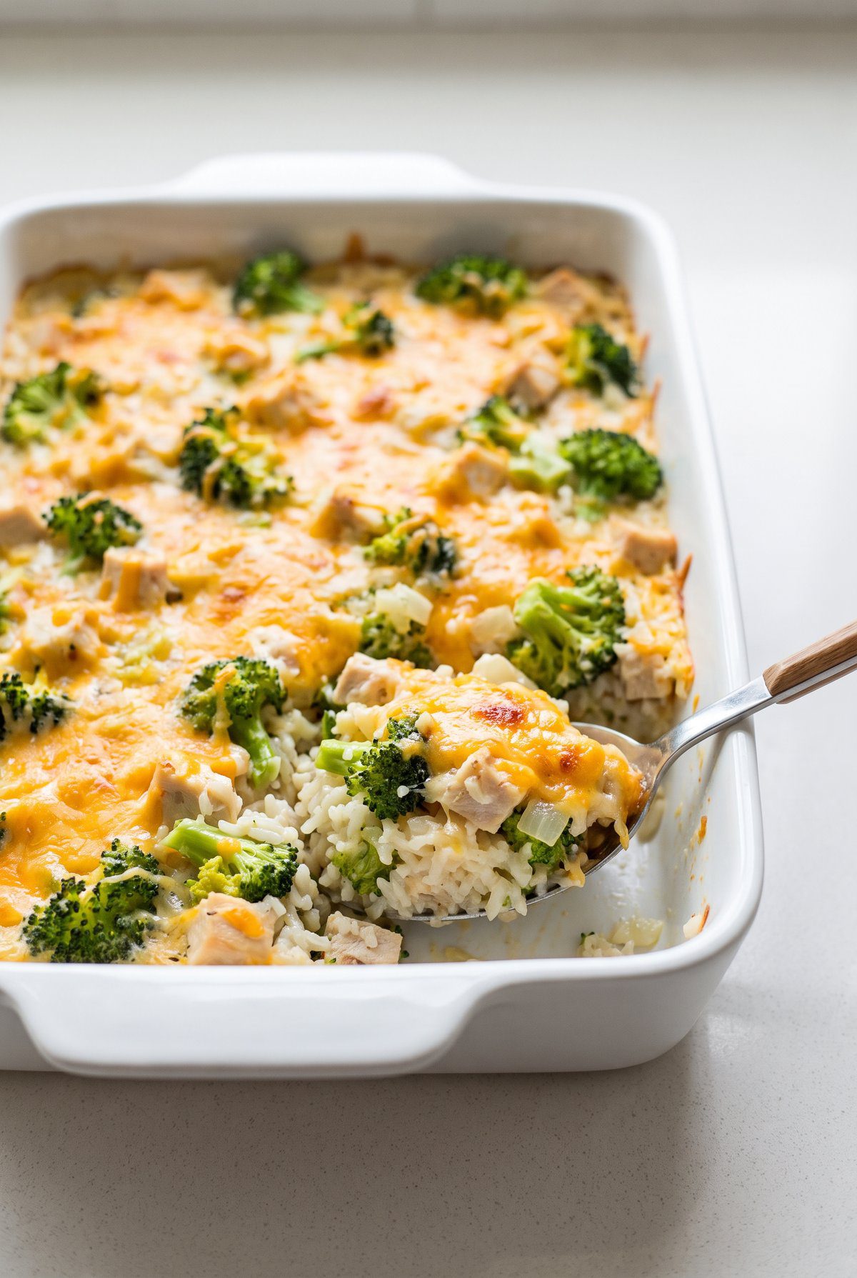 Chicken Broccoli Rice Casserole ready to serve