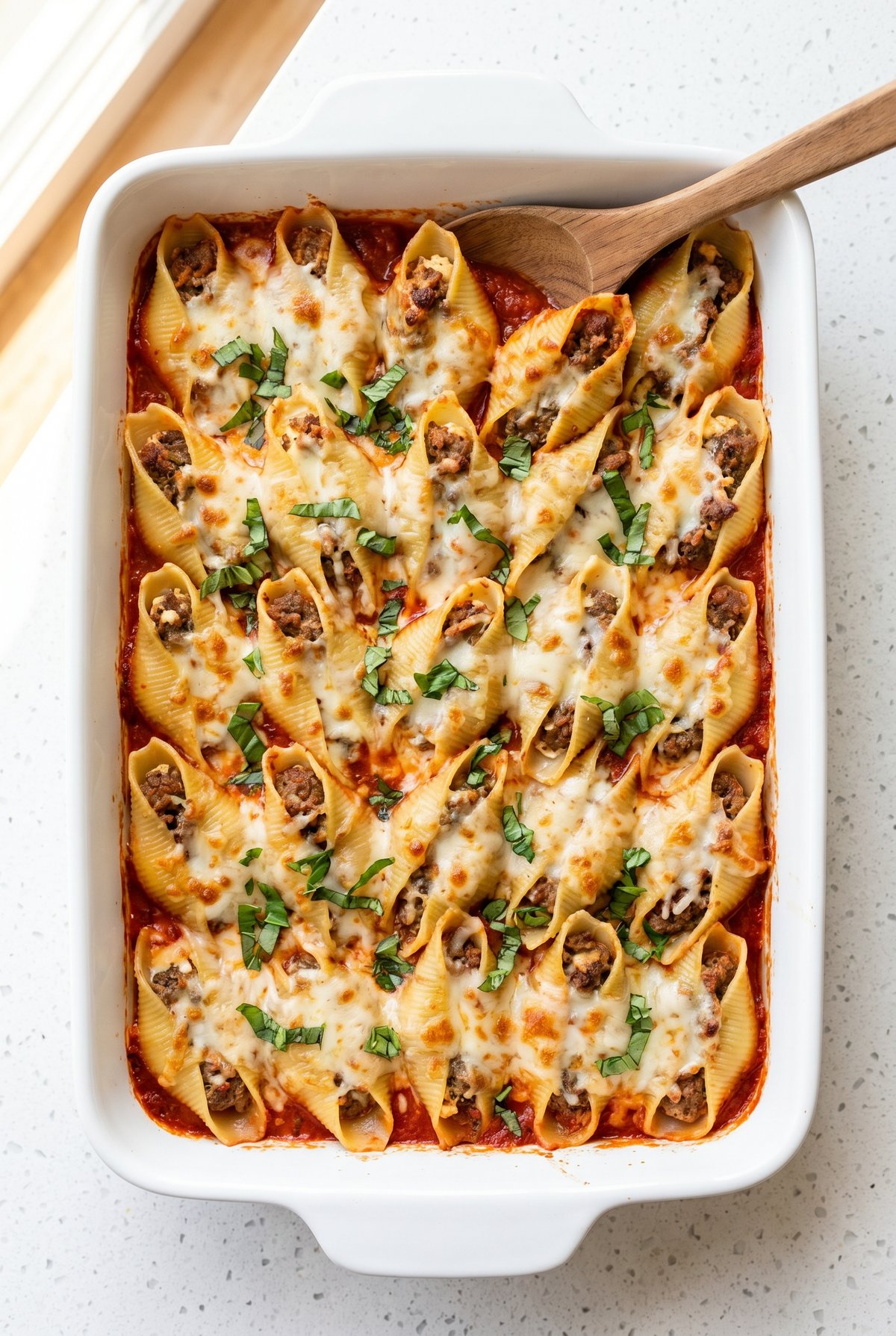 Overhead view of Beef Stuffed Shells
