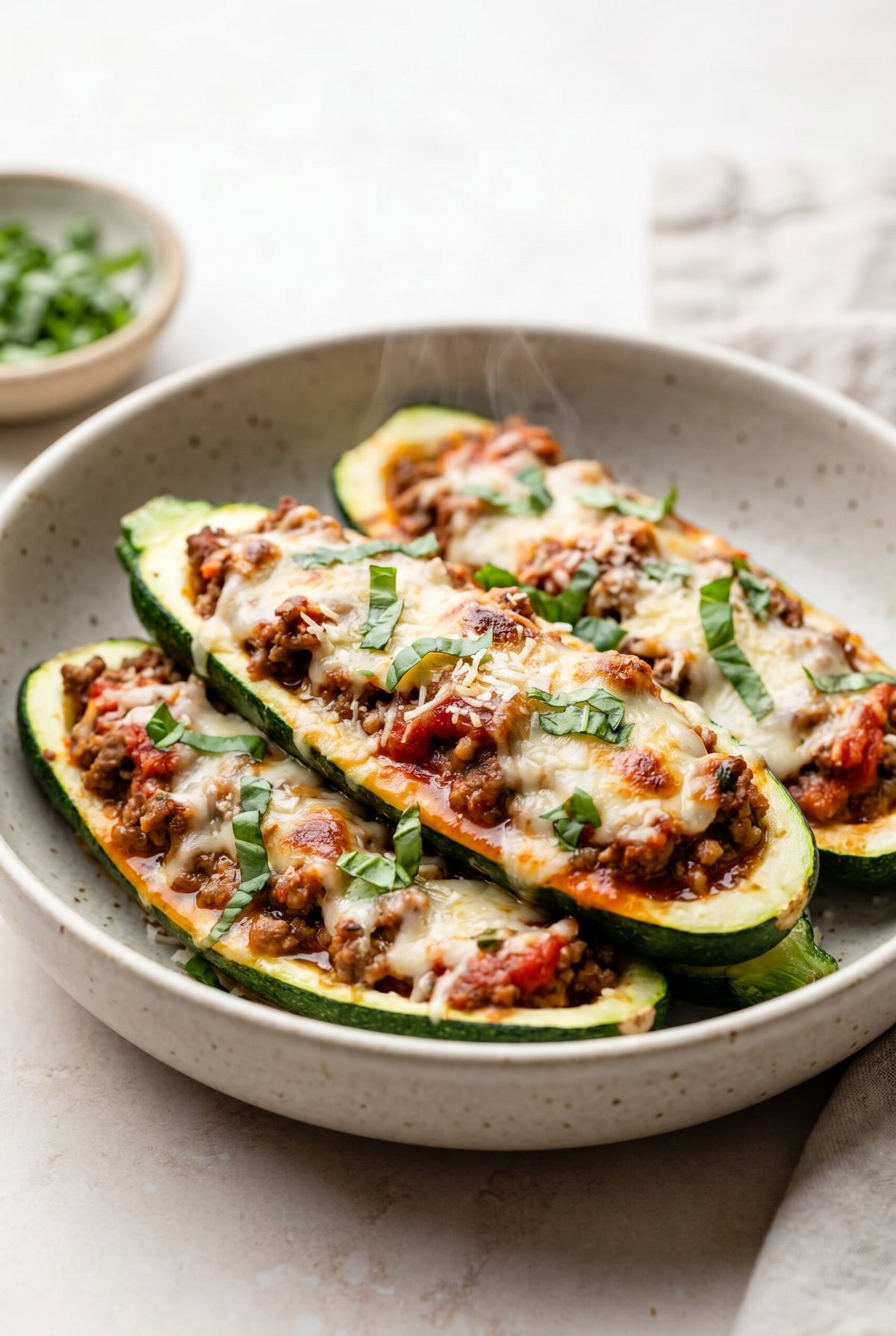Ground Beef Zucchini Boats served and ready to eat